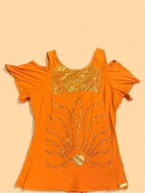 Apple Bottoms Orange Cold-Shoulder Tee with Gold Detail